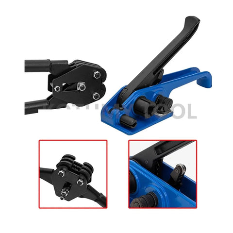 Dude, this portable manual strapping machine is totally rad for packing. Close-up of handheld tool for sealing PET and steel bands.