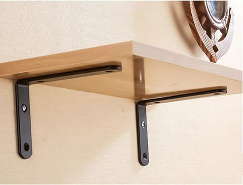 Heavy Duty Metal Corner Brackets Built Different Right Angle Floating Shelf Braces No Sweat Diy Home Storage Supports With Screws Black 25X15Cm Wall Mount Braces holding a wooden shelf.