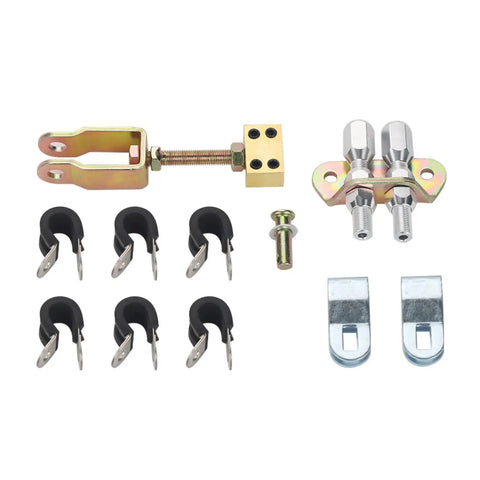 Universal Parking Brake Cable Complete Kit For Lokar Floor Mount includes hardware, mounts, and clips for easy installation.