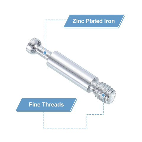 Solid Build 10 Pack Furniture Connectors, M6 Thread Dowel Bolts Cabinet Drawer Fasteners, Galvanized Wardrobe Assembly Kit For No Sweat DIY Repairs And Custom Woodworking Projects Silver showing zinc plated iron with fine threads.