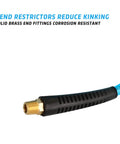 Close-up of Badass 1/4 Inch Coiled Polyurethane Air Hose For Air Compressors With Swivel Fittings And Bend Restrictors Blue garage use.