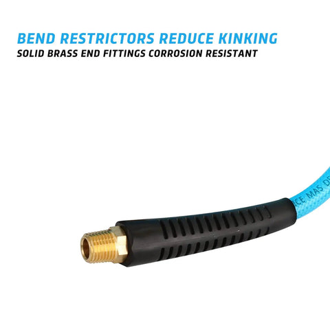 Close-up of Badass 1/4 Inch Coiled Polyurethane Air Hose For Air Compressors With Swivel Fittings And Bend Restrictors Blue garage use.