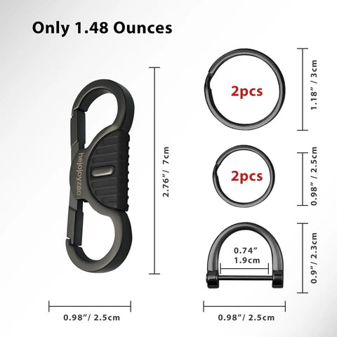 Heavy Duty Keychain With Quick Release Double Carabiner Clip Built Tough For Everyday Carry shown with key rings and D-ring