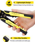 Person holding Three In One Wire Stripper Cutter And Crimper Kit With Auto Self Adjusting Mechanism, yellow and black tool