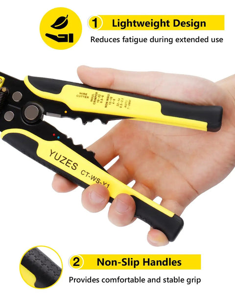 Person holding Three In One Wire Stripper Cutter And Crimper Kit With Auto Self Adjusting Mechanism, yellow and black tool