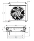 Technical diagram of Beefy Flow 10 Liters Per Minute Oil Cooler And Hydraulic Air Cooling System with dimensions and fittings.