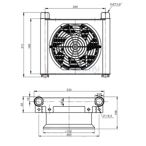 Technical diagram of Beefy Flow 10 Liters Per Minute Oil Cooler And Hydraulic Air Cooling System with dimensions and fittings.