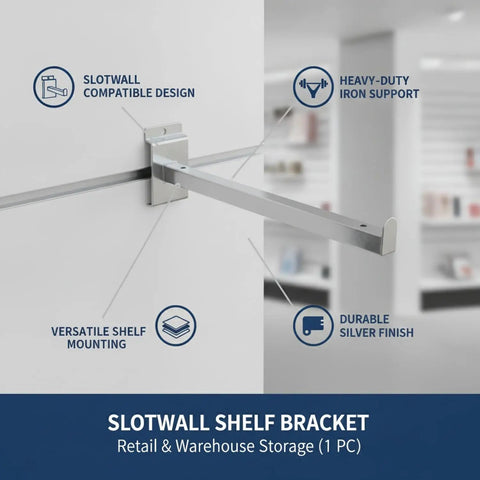 Heavy Duty Slotwall Shelf Brackets For 18mm Slatwall Channels, Silver Iron, mounted on wall, highlighting durability and versatility