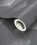 Gray Dandelion Silver Metallic Wallpaper Featuring Fibrous Texture And Eco Friendly PVC Free Finish super slick paste the wall application zoomed in on rolled wallpaper design.