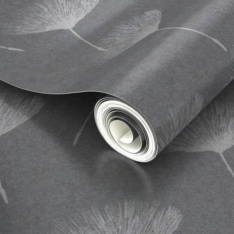 Gray Dandelion Silver Metallic Wallpaper Featuring Fibrous Texture And Eco Friendly PVC Free Finish super slick paste the wall application zoomed in on rolled wallpaper design.