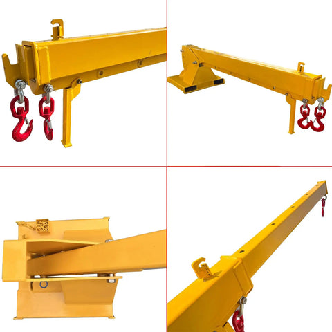 Heavy Duty Forklift Telescopic Jib Boom Attachment With Adjustable Mobile Crane Hoist Rock Solid Steel Truss Design, Side View.