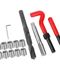 Thread Repair Kit 15 Pcs Stainless Steel Twisted Drill and Wrench Set for M14x1.25 Threaded Inserts laid out in a row