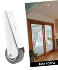 Heavy Duty 2 Piece Barn Door Rollers With Galvanized Nylon Sliding Track Wheels And Bottom Guide Pulley For Smooth Ride Operation And Plug And Play Closet Hardware Upgrade displayed with sliding door.