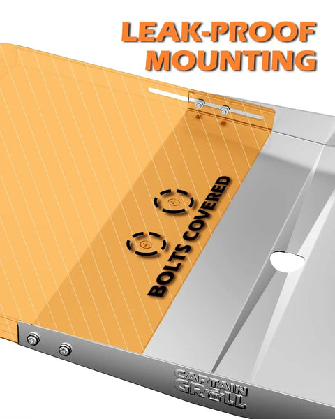Leak-proof mounting on grease tray with catch pan for gas grills, adjustable stainless drip pan fits 24 to 30 inch grill width.