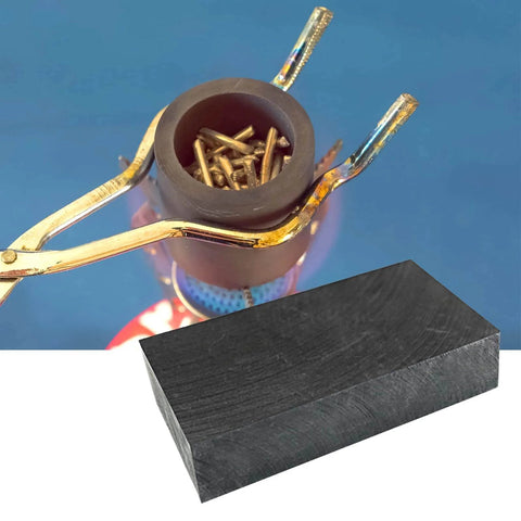Heavy Duty Graphite Ingot Block 100mm x 50mm x 25mm for milling and casting, shown with metal tongs and ingot in use, 99.9% purity