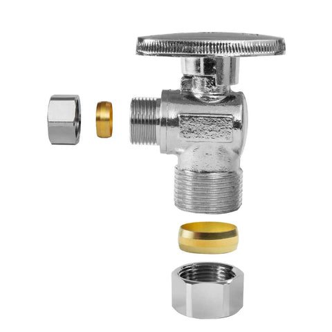 Angle Stop Valve One Quarter Turn Water Shut Off Valve, Twenty Pack, Lead Free Brass with Chrome Finish, Compression Inlet Five Eighths Inch to Half Inch Pipes, UPC Certified, Built To Last And Super Easy To Install. chrome angle stop valve parts