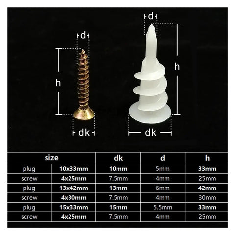Close-up of 100 Pack Self Drilling Drywall Anchors Kit With Tapping Screws For Plastic Nylon Gypsum Hollow Walls 13x42mm dimensions.