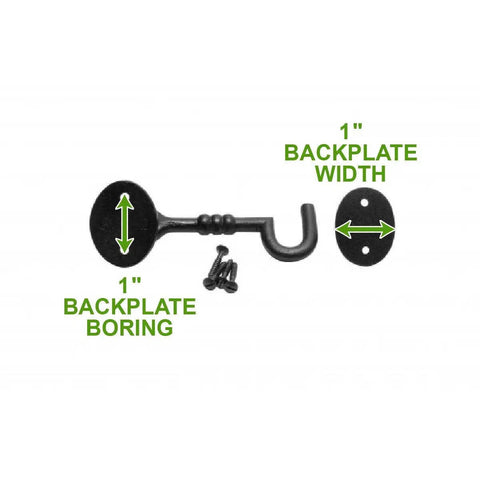 5 Inch Wrought Iron Hook And Eye Door Latch With Mounting Hardware, Rust Resistant Black Powder Coat Finish, components labeled.