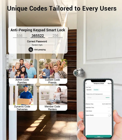 No Sweat Fingerprint Smart Door Knob Lock With Nifty Keypad And Phone App Control For Quick Everyday Access And Locked Down Home Security In Fresh Bright Silver Finish, showing keypad with unique user codes.
