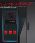 Control panel with red illuminated switches labeled Power, Fan, High Temp; text highlights 30A 250VAC stability.