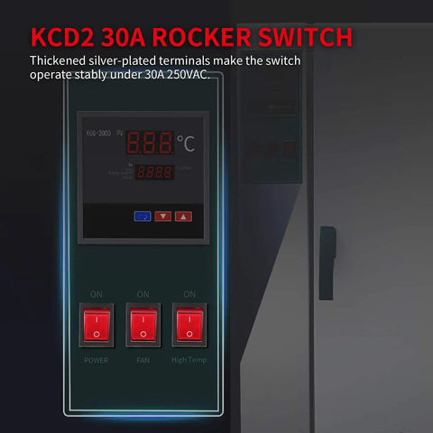Control panel with red illuminated switches labeled Power, Fan, High Temp; text highlights 30A 250VAC stability.