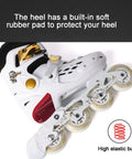 Light Up Inline Skates With Adjustable Fit For Kids And Adults showing heel rubber pad and 85A PU wheels
