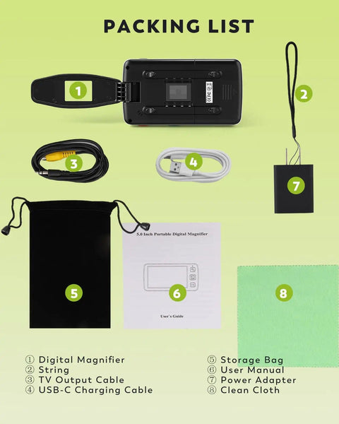 Packing list showing 5 Inch Portable Digital Magnifier With 4X To 32X Zoom And Foldable Handle for quick reading on the go.