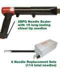 Heavy Duty 19 Needle Pneumatic Scaler Kit with 3000 BPM, 5.5 CFM at 90 PSI, including needle replacement sets, shown with packaging.