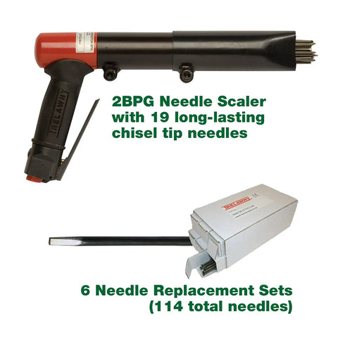 Heavy Duty 19 Needle Pneumatic Scaler Kit with 3000 BPM, 5.5 CFM at 90 PSI, including needle replacement sets, shown with packaging.