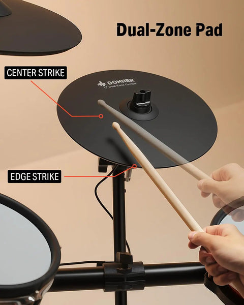 Hands playing 13-inch Mute Cymbal For Electronic Drums 13 Inch Dual Zone Crash With Bow And Edge Triggers, Instant Choke, Realistic Response For Electric Drum Kit, 2 Zone E Cymbal For Digital Drum Sets CYB-13D, showing edge and center strike areas.