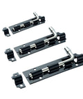Premium Heavy Duty Sliding Door Lock Barrel Bolt With Reinforced Gate Latch Hasp on display, showcasing three sizes and black finish.