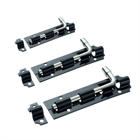 Premium Heavy Duty Sliding Door Lock Barrel Bolt With Reinforced Gate Latch Hasp on display, showcasing three sizes and black finish.