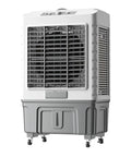 Beat The Home Heat Sweat Less Today With This Powerhouse Evaporative Air Cooler Pumping 4600 Cfm Of Chilly Air using a rolling white and gray unit with fan.