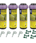 Top Shelf Pop Up Irrigation Nozzles With Three Quarter Female Inlet Five Inch Retractable Body Delivering Two Point Five Gpm Output Runs Smooth Without Leaking Adjusts Quickly Between Forty And Three Sixty Degrees Made Tough For Reclaimed Water Comes In, four nozzles with purple collars and adjustment keys.