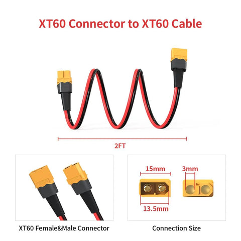 XT60 Extension Cable 10AWG 2Ft Male To Female Connector for RC Battery Portable Power Station And Solar Panel, coiled design