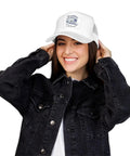 Person wearing Funny Camping Trailer Trash Trucker Hat White For RV Lovers And Camp Fans Structured Cotton Twill Front Mesh Back Adj