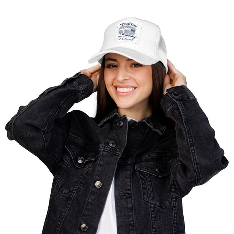 Person wearing Funny Camping Trailer Trash Trucker Hat White For RV Lovers And Camp Fans Structured Cotton Twill Front Mesh Back Adj