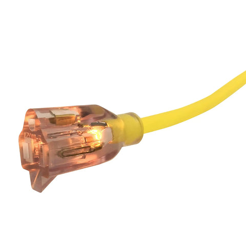 Yellow Heavy Duty Lighted Extension Cord 1 Pack With Double Insulated Plugs SJTW Outer Jacket Cold Weather Resistant Minus 35 F Outdoor Rated Power Cable For Tools And Gear shown close up.