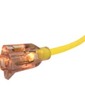 Close-up of Heavy Duty 12/3 Gauge 100-Foot Extension Cord With Power Indicator Light, Kink-Resistant SJTW Indoor Outdoor Yellow, Built Tough