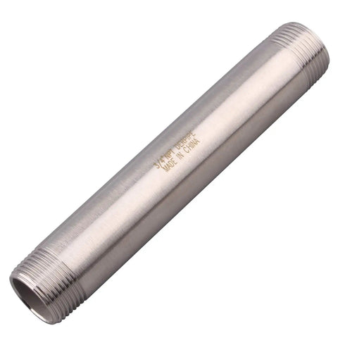 Three Quarter Inch NPT Male Stainless Steel Pipe Nipple, 304 Grade, Six Inch Length, corrosion resistant plumbing fitting.