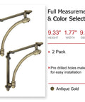 Heckin Heavy Duty Cast Iron Shelf Brackets, 2 Pack Antique Gold Wall Mounts showing curved design, dimensions, and easy installation features.