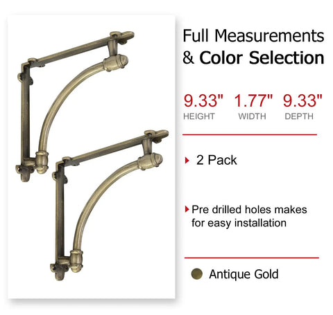 Heckin Heavy Duty Cast Iron Shelf Brackets, 2 Pack Antique Gold Wall Mounts showing curved design, dimensions, and easy installation features.