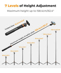 62 Inch Phone Selfie Stick Tripod With 2 In 1 Extendable Pole Bluetooth Remote showing height adjustments and folding dimensions.