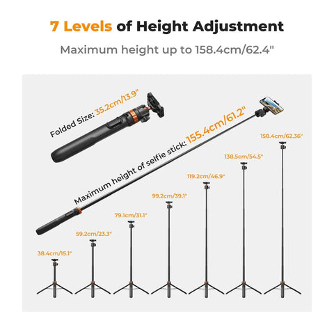 62 Inch Phone Selfie Stick Tripod With 2 In 1 Extendable Pole Bluetooth Remote showing height adjustments and folding dimensions.