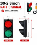 Heavy Duty Eight Inch LED Traffic Light With Toggle Switch Serving Up Blazing Red And Green Stop Go Signals For Unbeatable Sunlight Clarity On Busy Loading Docks Driveways And Garages, showing front and side views with dimensions.