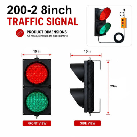 Heavy Duty Eight Inch LED Traffic Light With Toggle Switch Serving Up Blazing Red And Green Stop Go Signals For Unbeatable Sunlight Clarity On Busy Loading Docks Driveways And Garages, showing front and side views with dimensions.