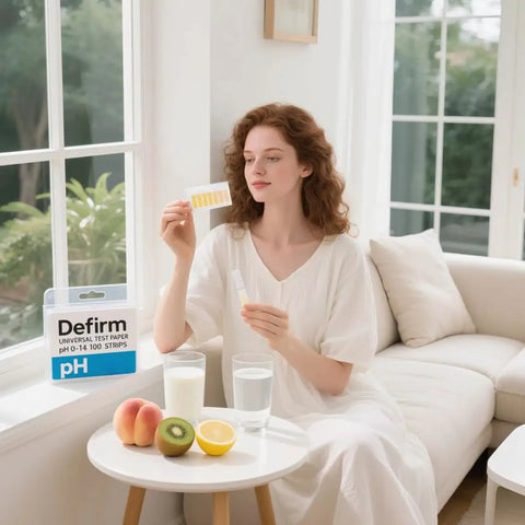 Woman using wide range PH test strips 0 to 14 for home use, with fruits and liquids on a table in a bright room.