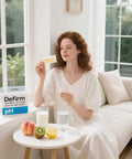 Woman using pH test strips universal range 4.5 to 9.0 high accuracy litmus paper in a bright living room setting