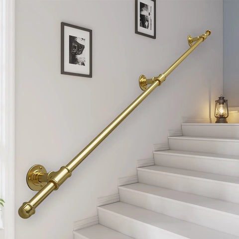Heavy Duty Adjustable Round Tube Railing Kit For Decks And Stairs mounted on a wall, featuring a golden finish for stair safety.
