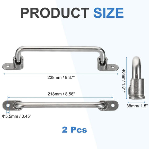 Product size diagram for Two Pack 304 Stainless Steel Folding Pull Handles, 90 Degree Toolbox Grab Handles, Bright Polished Cabinet Hardware for Equipment, Distribution Boxes, Flight Cases, Hole Spacing 218mm, Rugged and Smooth, 238x38x46mm